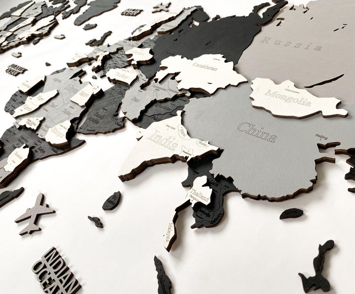 3D Weltkarte aus Holz "Schwarz und weiß" - AMX Home